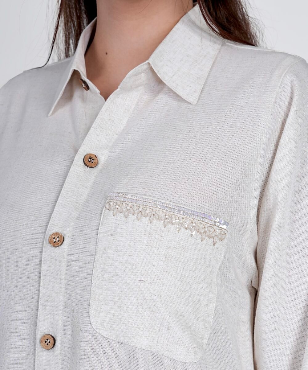 ORSA Creme Cotton-Linen collar Straight kurta - Image 4