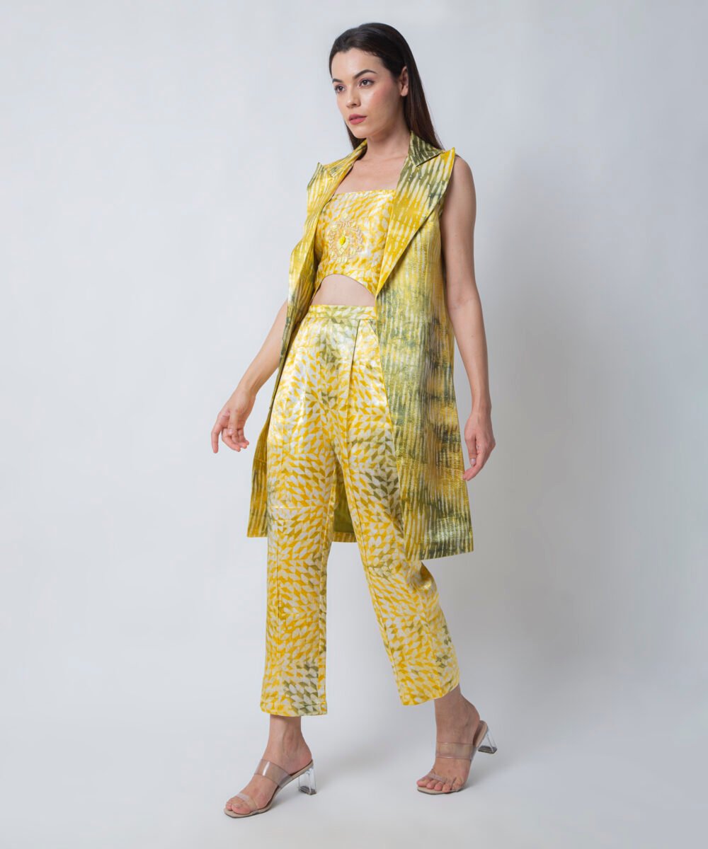 Yellow Satin Tie-Dye Co-ord Set with Blazer by Orsa Couture