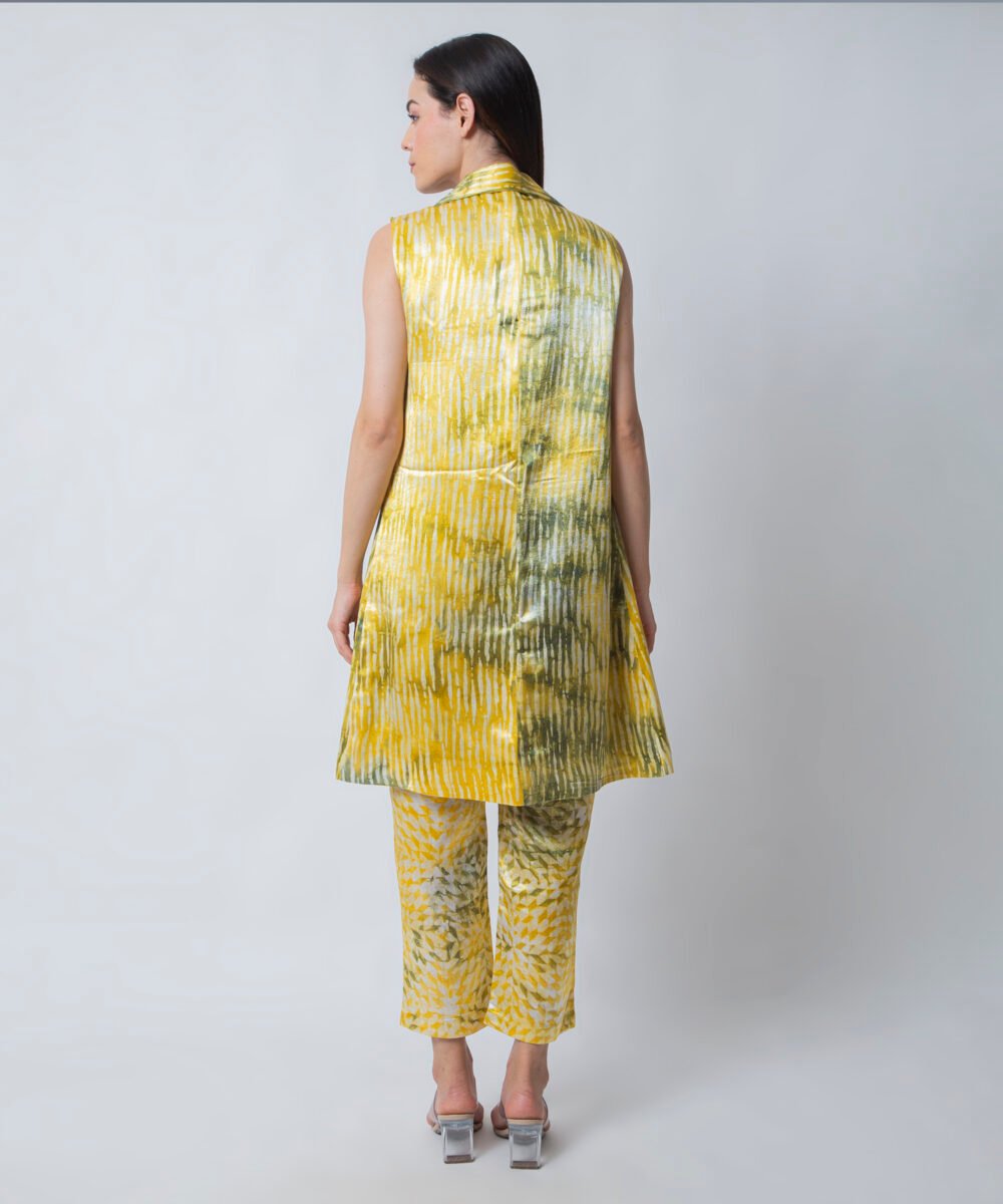 Yellow Satin Tie-Dye Co-ord Set with Blazer by Orsa Couture