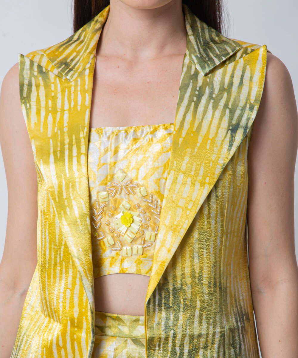 Yellow Satin Tie-Dye Co-ord Set with Blazer by Orsa Couture