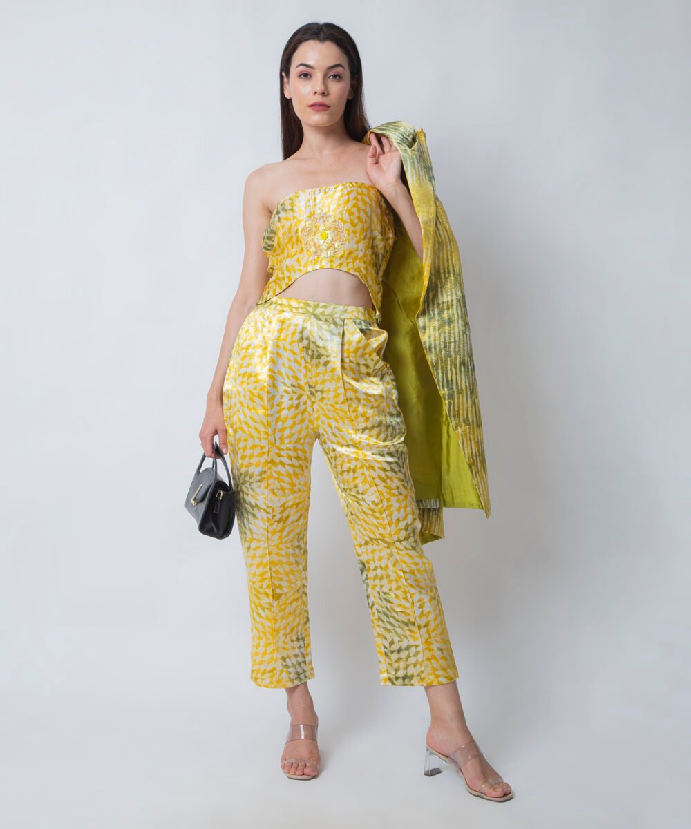 Yellow Satin Tie-Dye Co-ord Set with Blazer by Orsa Couture