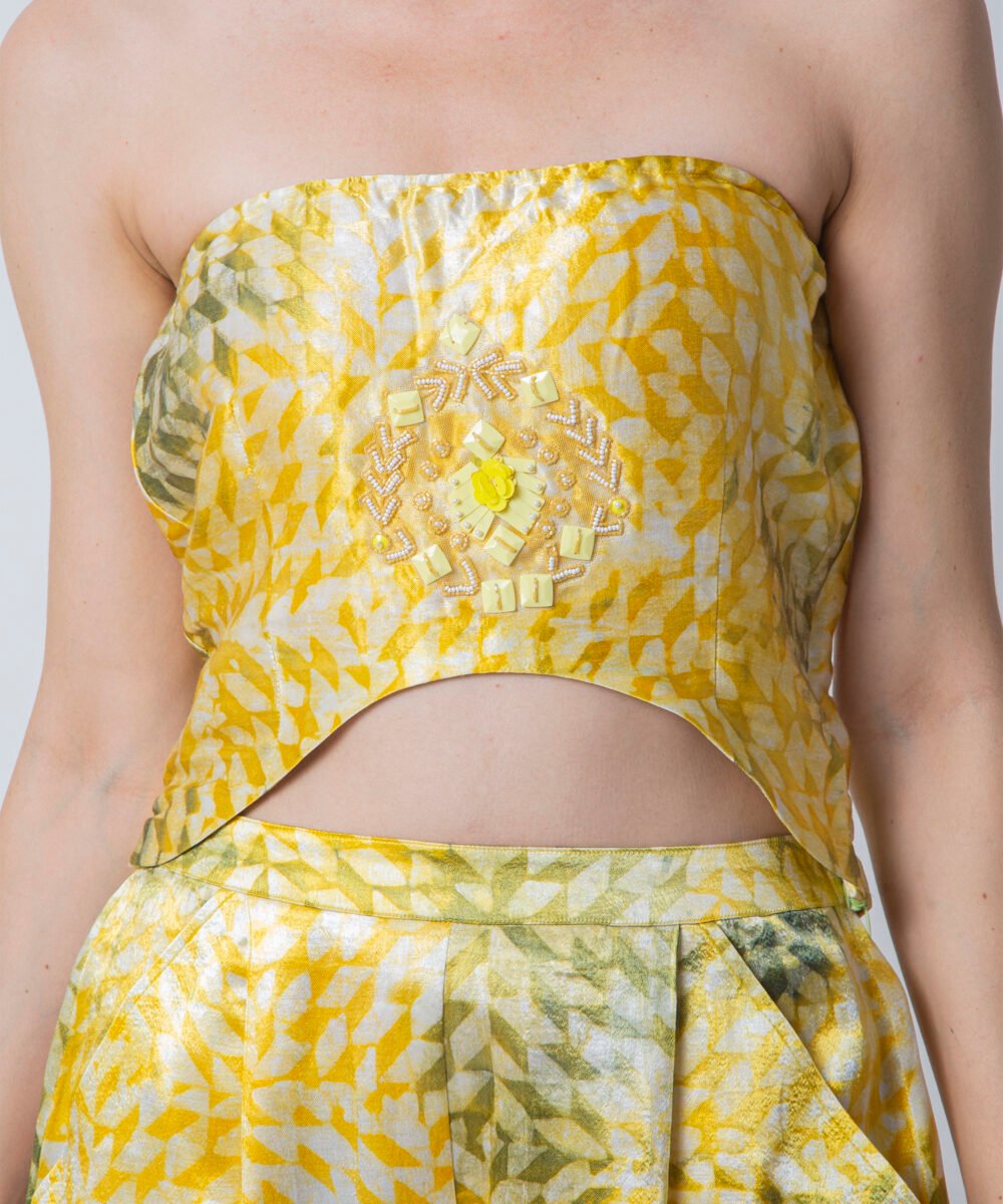 Yellow Satin Tie-Dye Co-ord Set with Blazer by Orsa Couture