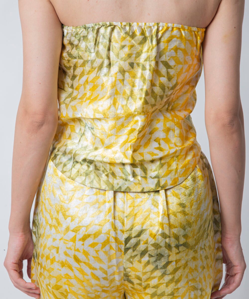 Yellow Satin Tie-Dye Co-ord Set with Blazer by Orsa Couture