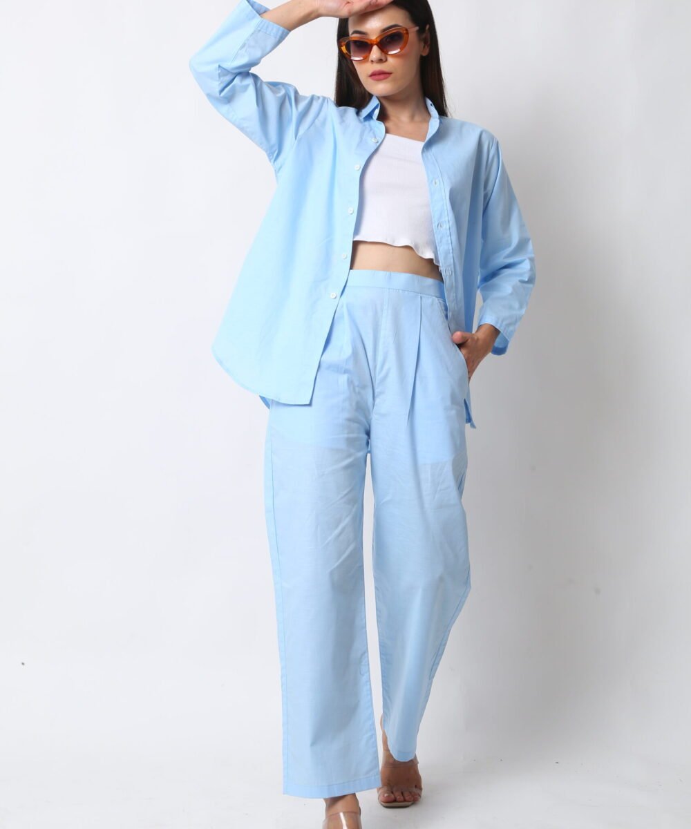 Sky Blue Cotton Linen Co-ord Set with Shirt & Pants by Orsa Couture
