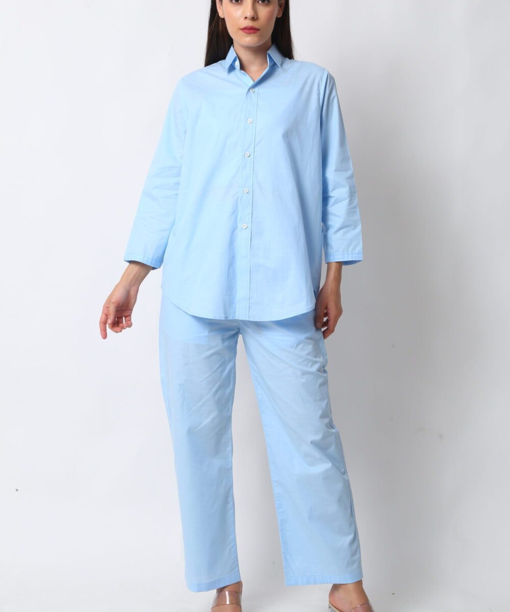 Sky Blue Cotton Linen Co-ord Set with Shirt & Pants by Orsa Couture