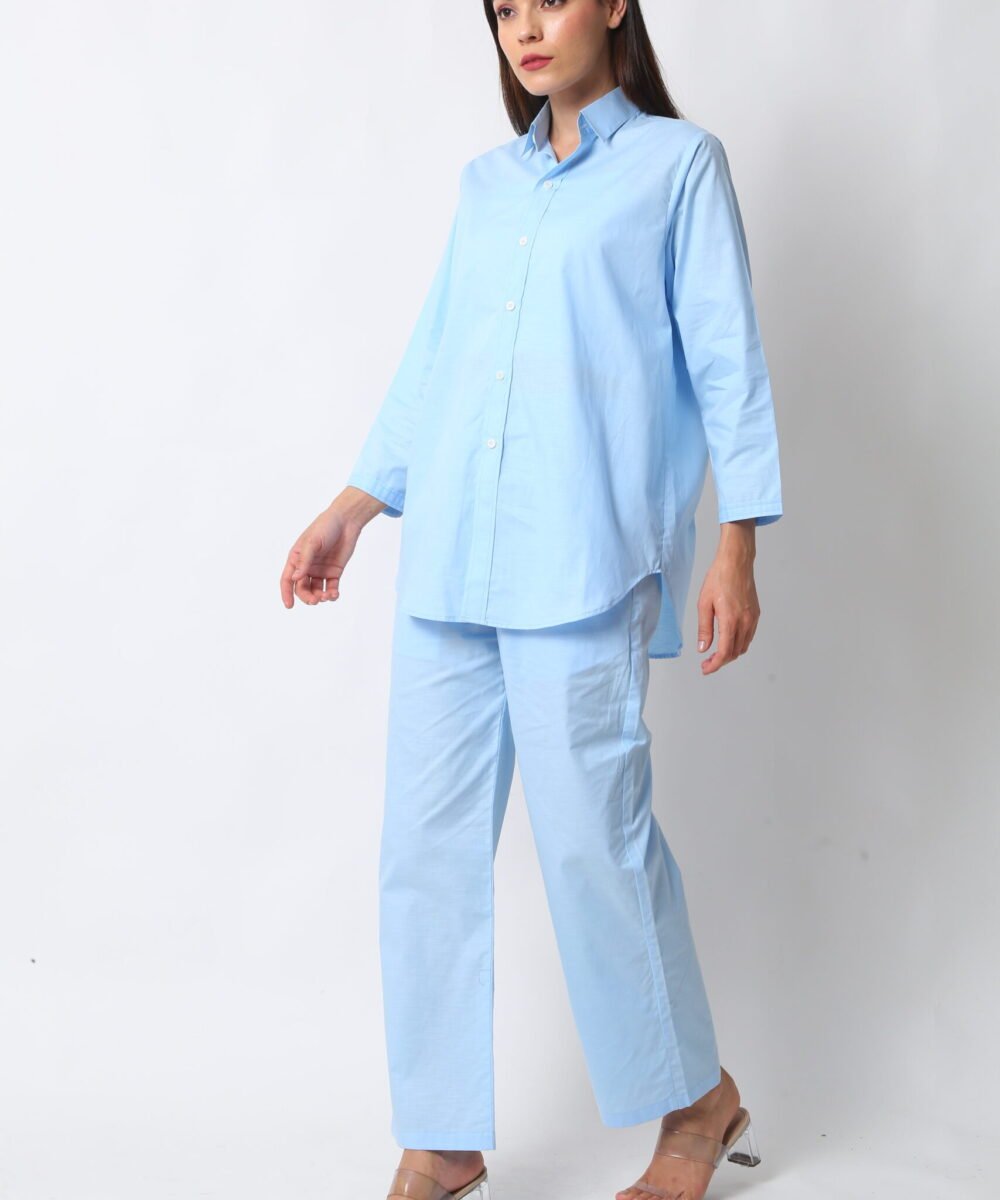 Sky Blue Cotton Linen Co-ord Set with Shirt & Pants by Orsa Couture