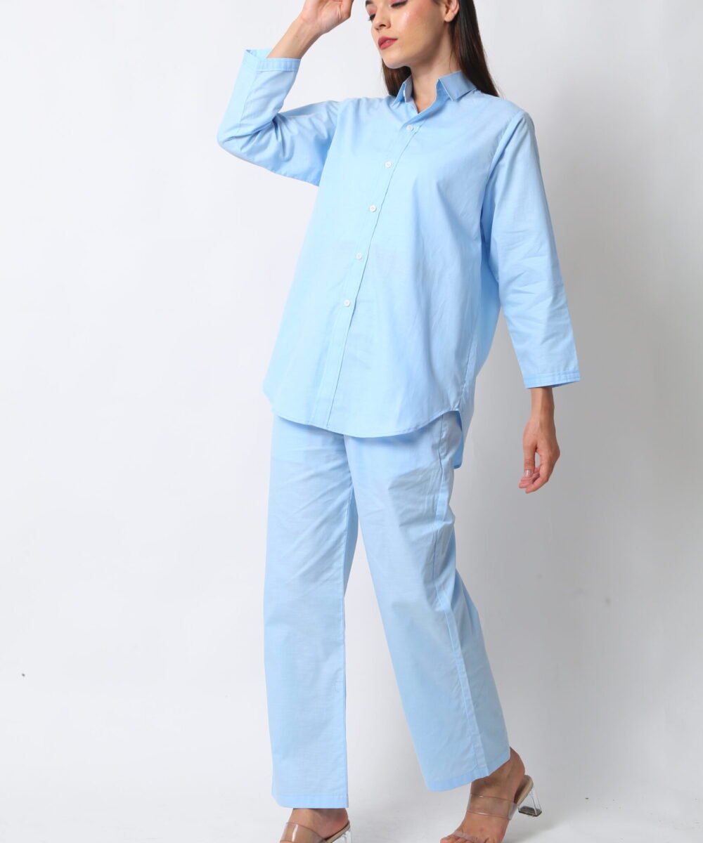 Sky Blue Cotton Linen Co-ord Set with Shirt & Pants by Orsa Couture