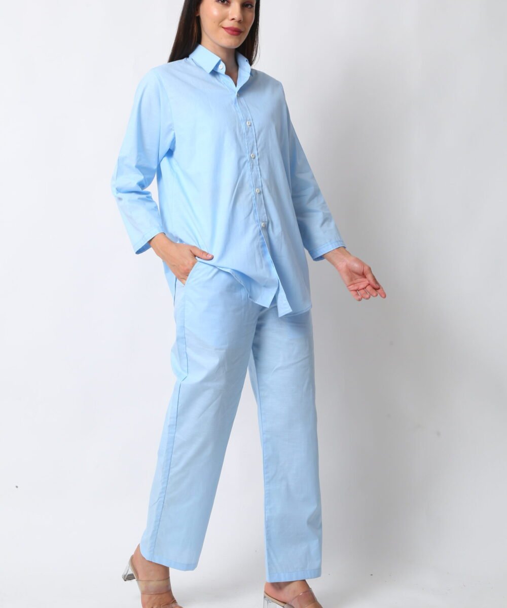 Sky Blue Cotton Linen Co-ord Set with Shirt & Pants by Orsa Couture