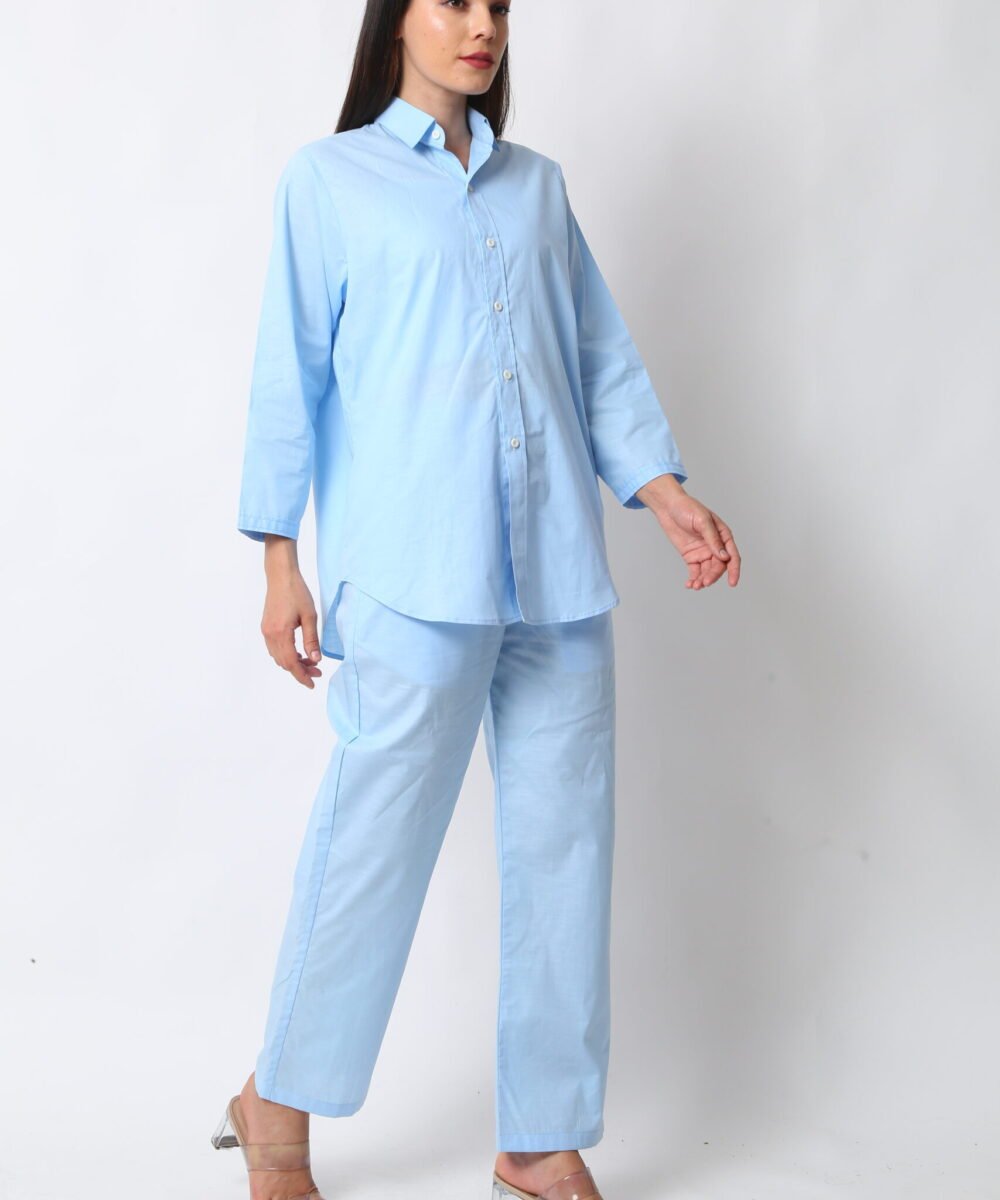 Sky Blue Cotton Linen Co-ord Set with Shirt & Pants by Orsa Couture
