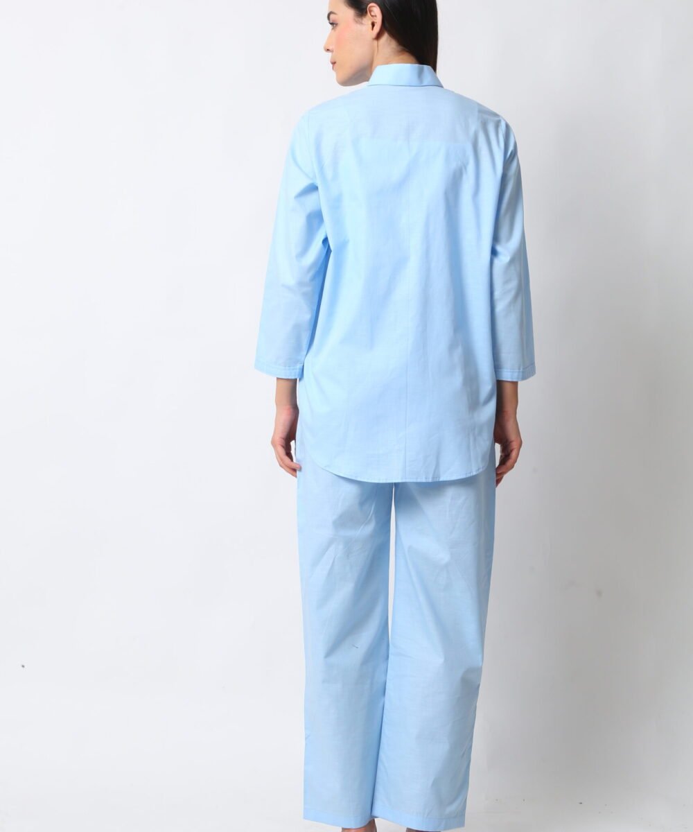 Sky Blue Cotton Linen Co-ord Set with Shirt & Pants by Orsa Couture