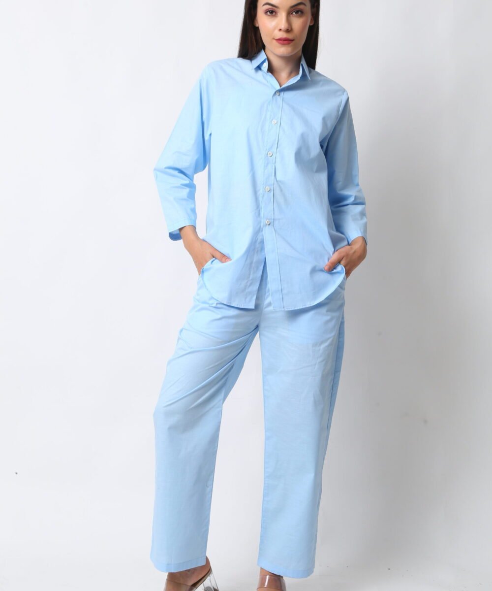 Sky Blue Cotton Linen Co-ord Set with Shirt & Pants by Orsa Couture
