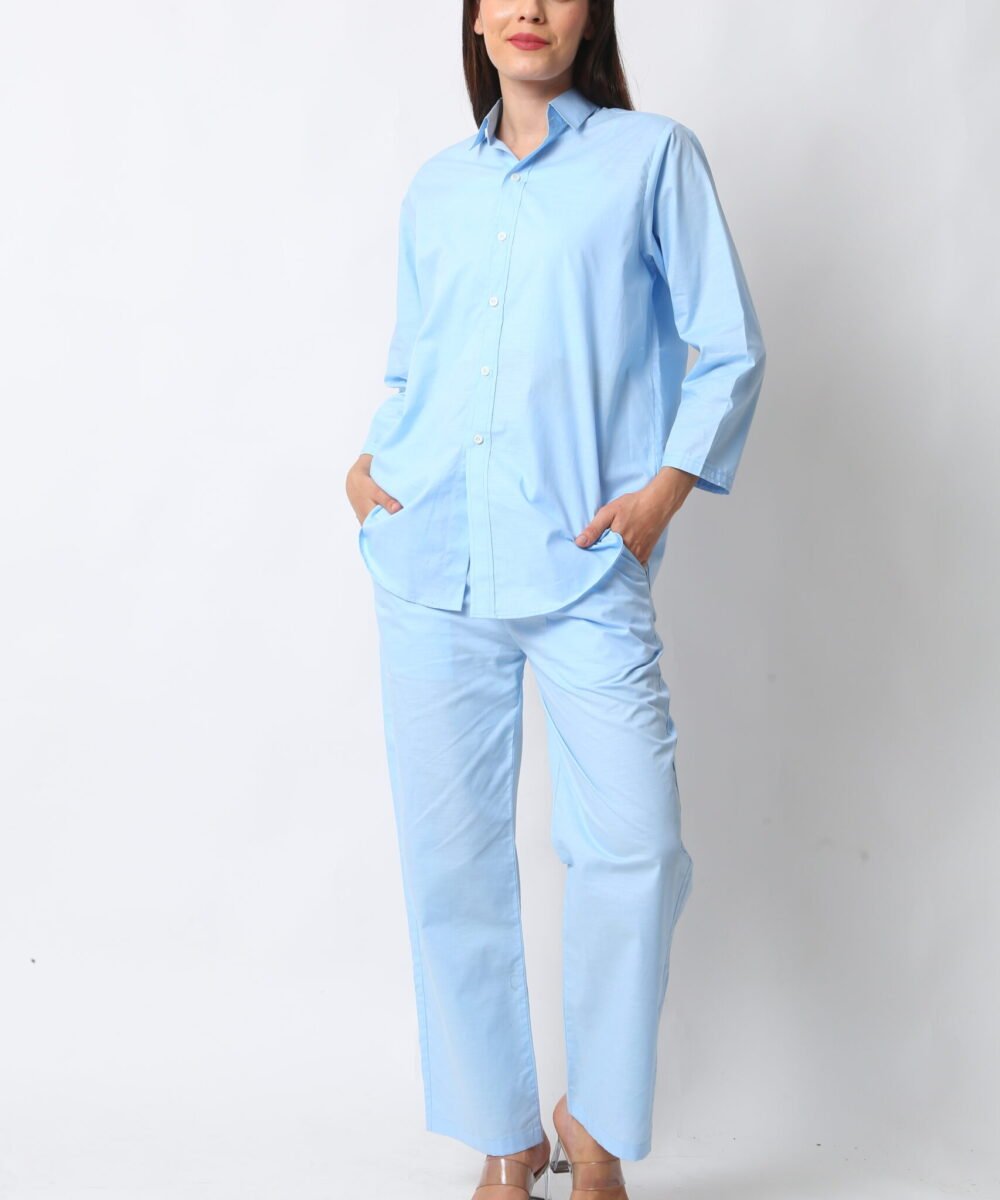 Sky Blue Cotton Linen Co-ord Set with Shirt & Pants by Orsa Couture