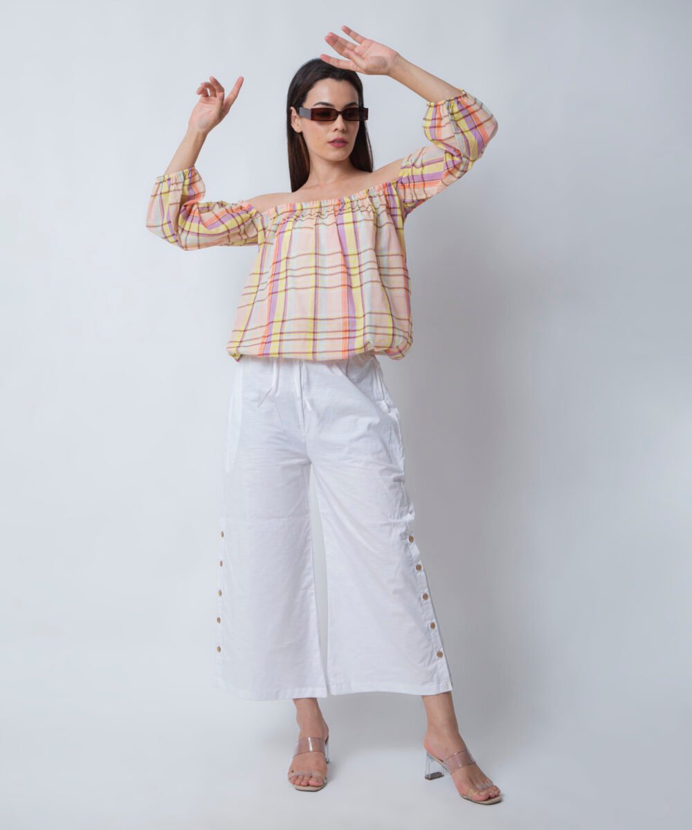 Lilac Plaid Square Neck Off-Shoulder Striped top by orsa couture