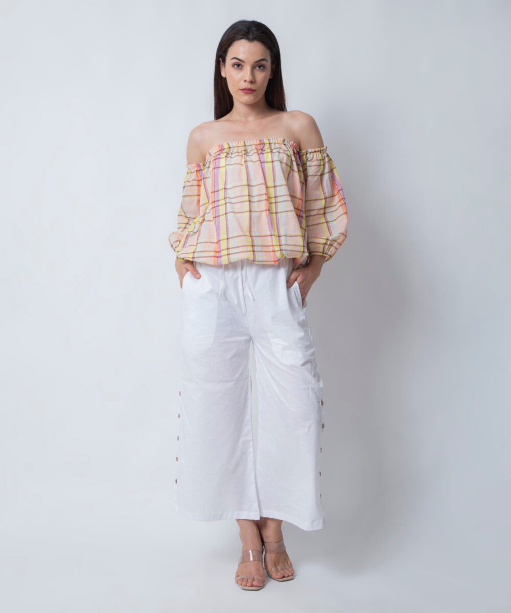 Lilac Plaid Square Neck Off-Shoulder Striped top by orsa couture