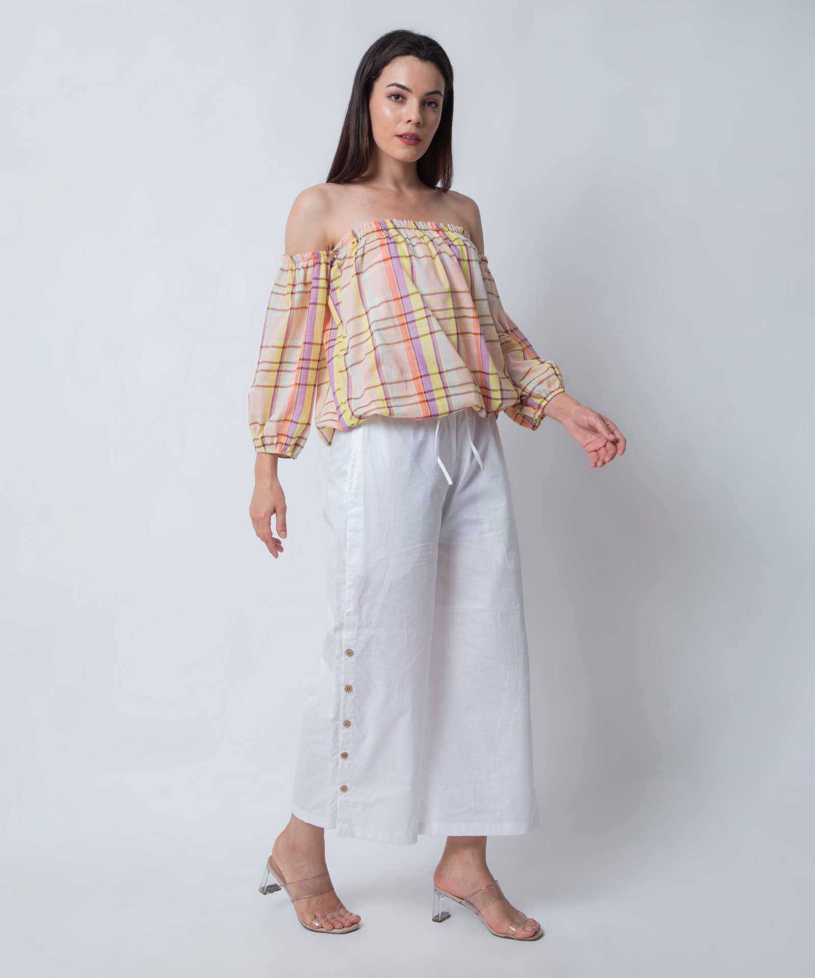 Lilac Plaid Square Neck Off-Shoulder Striped top by orsa couture