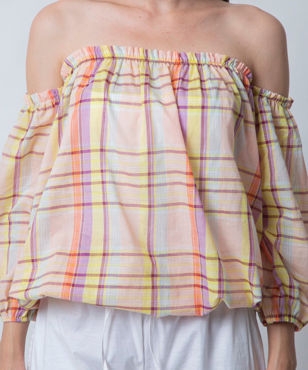 Lilac Plaid Square Neck Off-Shoulder Striped top by orsa couture