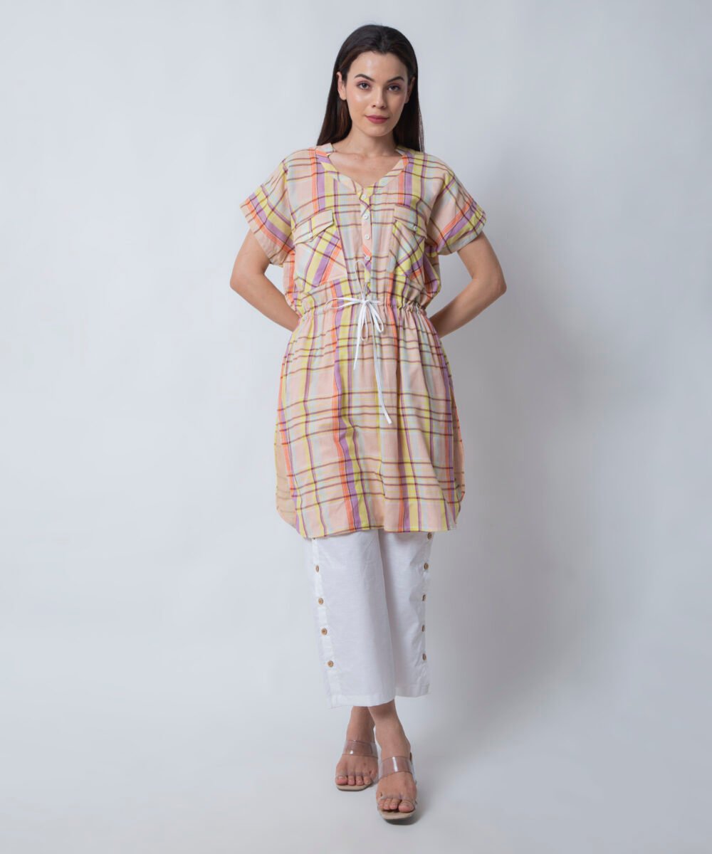 Peach Striped Kaftan Top with White Linen Pants by orsa couture