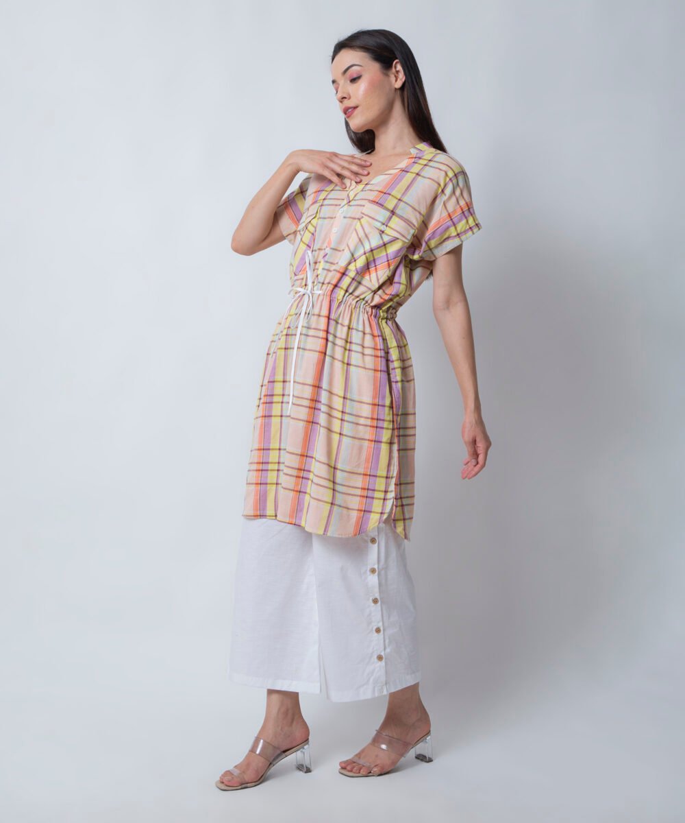 Peach Striped Kaftan Top with White Linen Pants by orsa couture