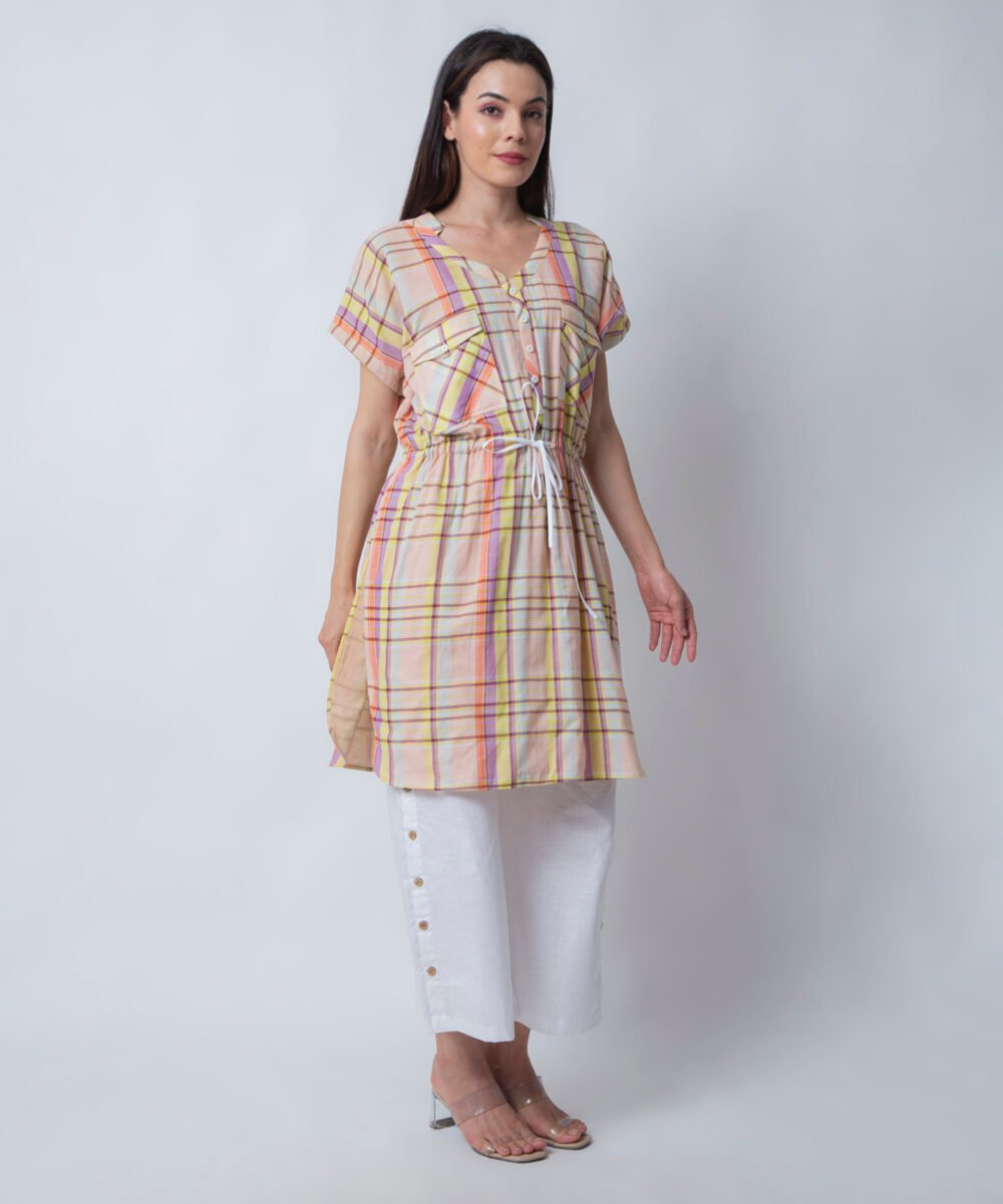 Peach Striped Kaftan Top with White Linen Pants by orsa couture
