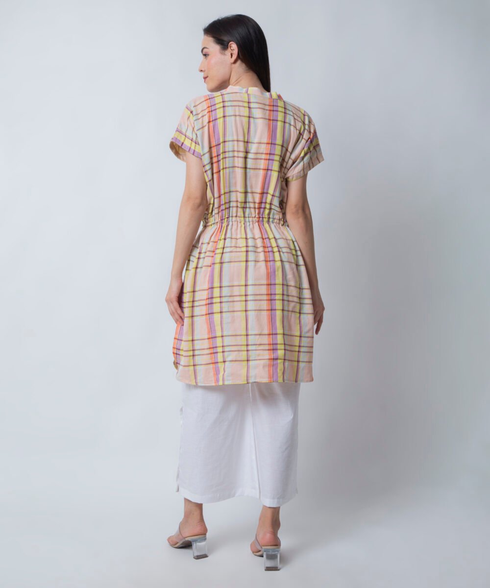 Peach Striped Kaftan Top with White Linen Pants by orsa couture