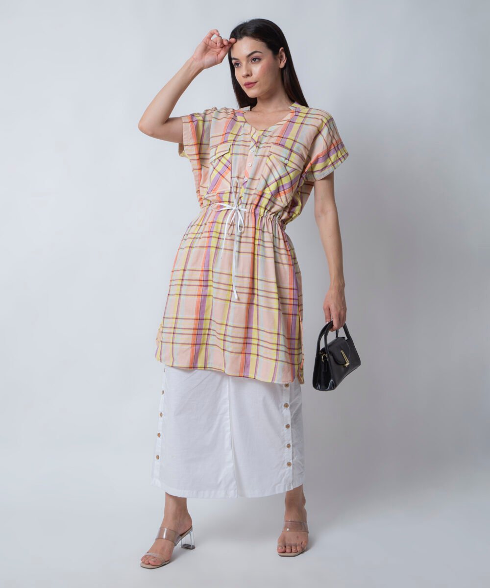 Peach Striped Kaftan Top with White Linen Pants or orsa couture