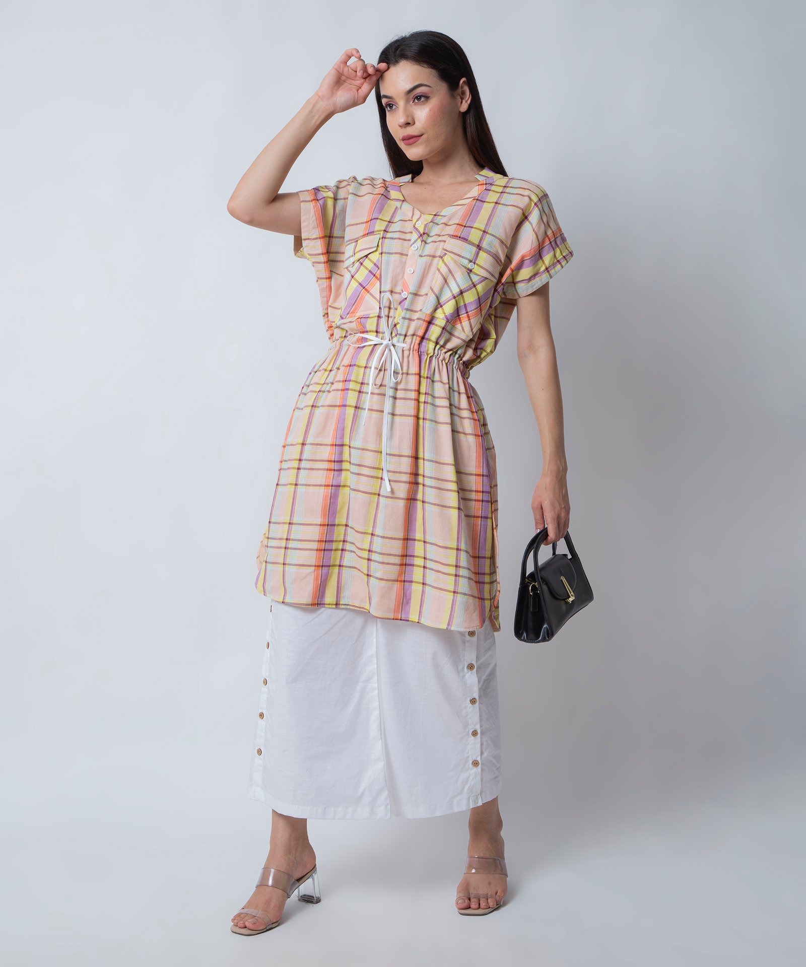Peach Striped Kaftan Top with White Linen Pants or orsa couture