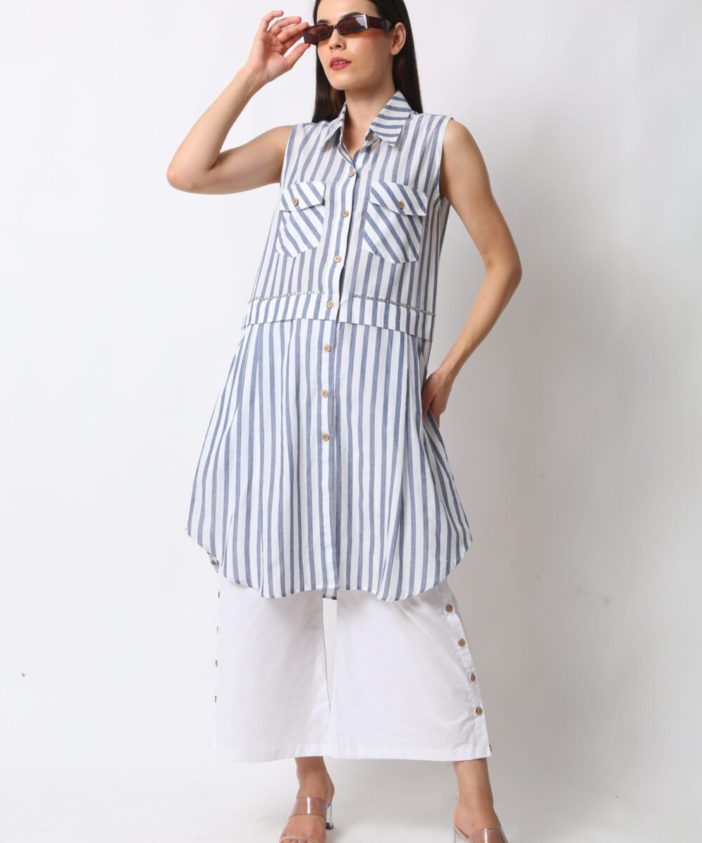 Sleeveless Striped Cotton Midi & Linen Pants Set by orsa couture