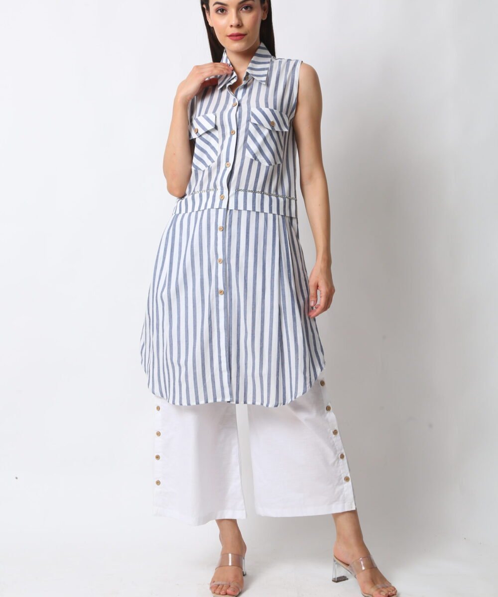 Sleeveless Striped Cotton Midi & Linen Pants Set by Orsa couture