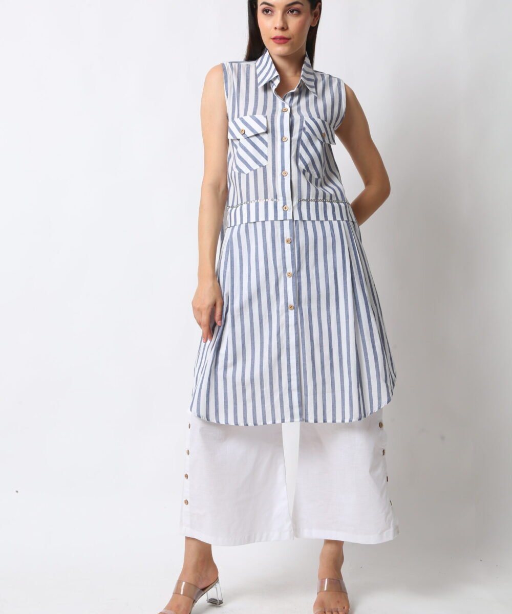 Sleeveless Striped Cotton Midi & Linen Pants Set by Orsa couture