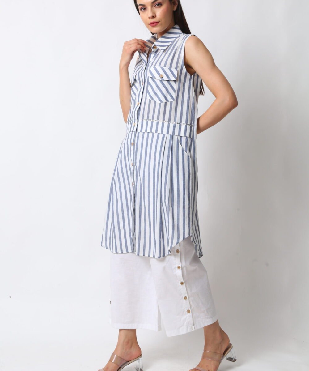 Sleeveless Striped Cotton Midi & Linen Pants Set by Orsa couture