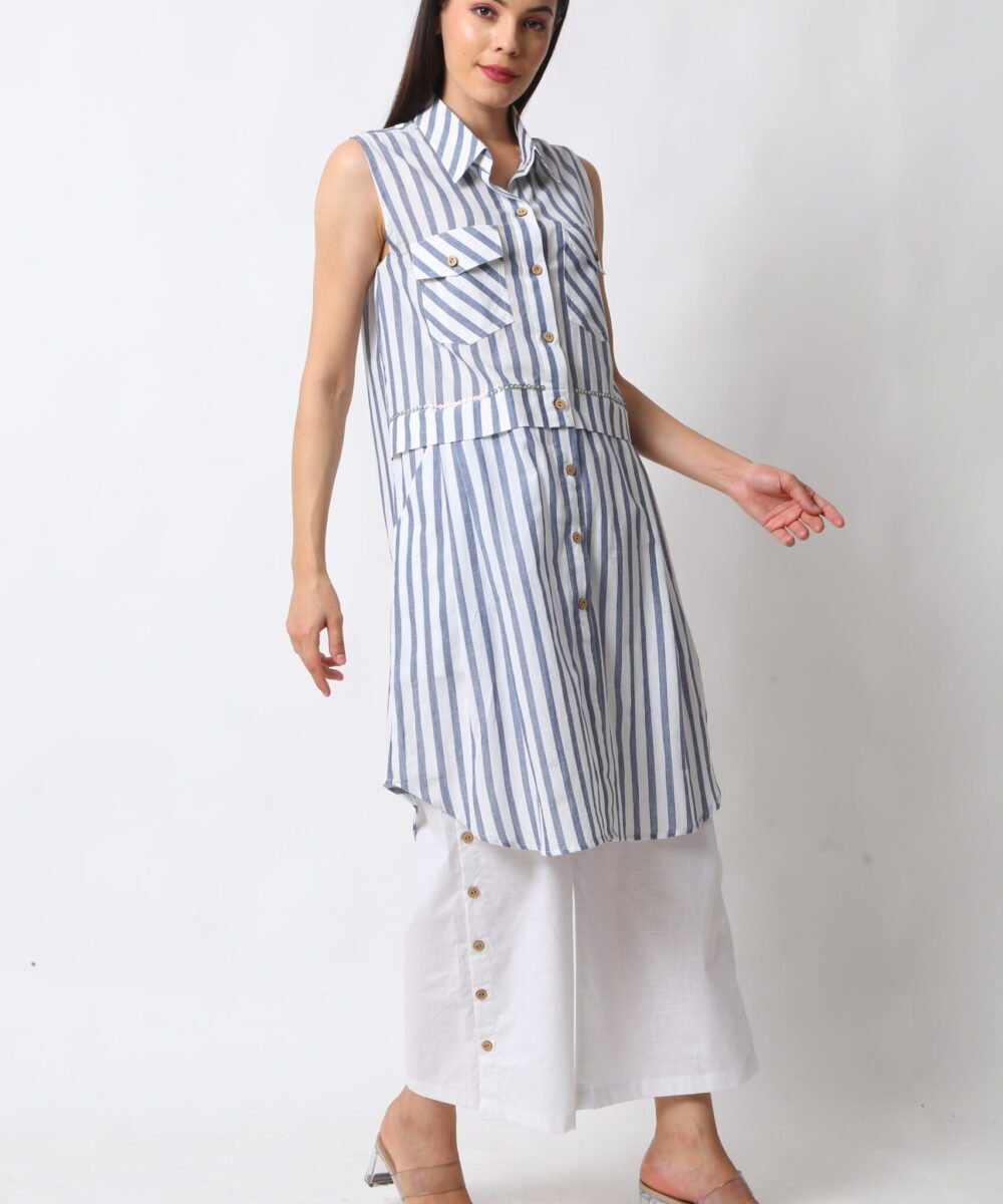 Sleeveless Striped Cotton Midi & Linen Pants Set by Orsa couture
