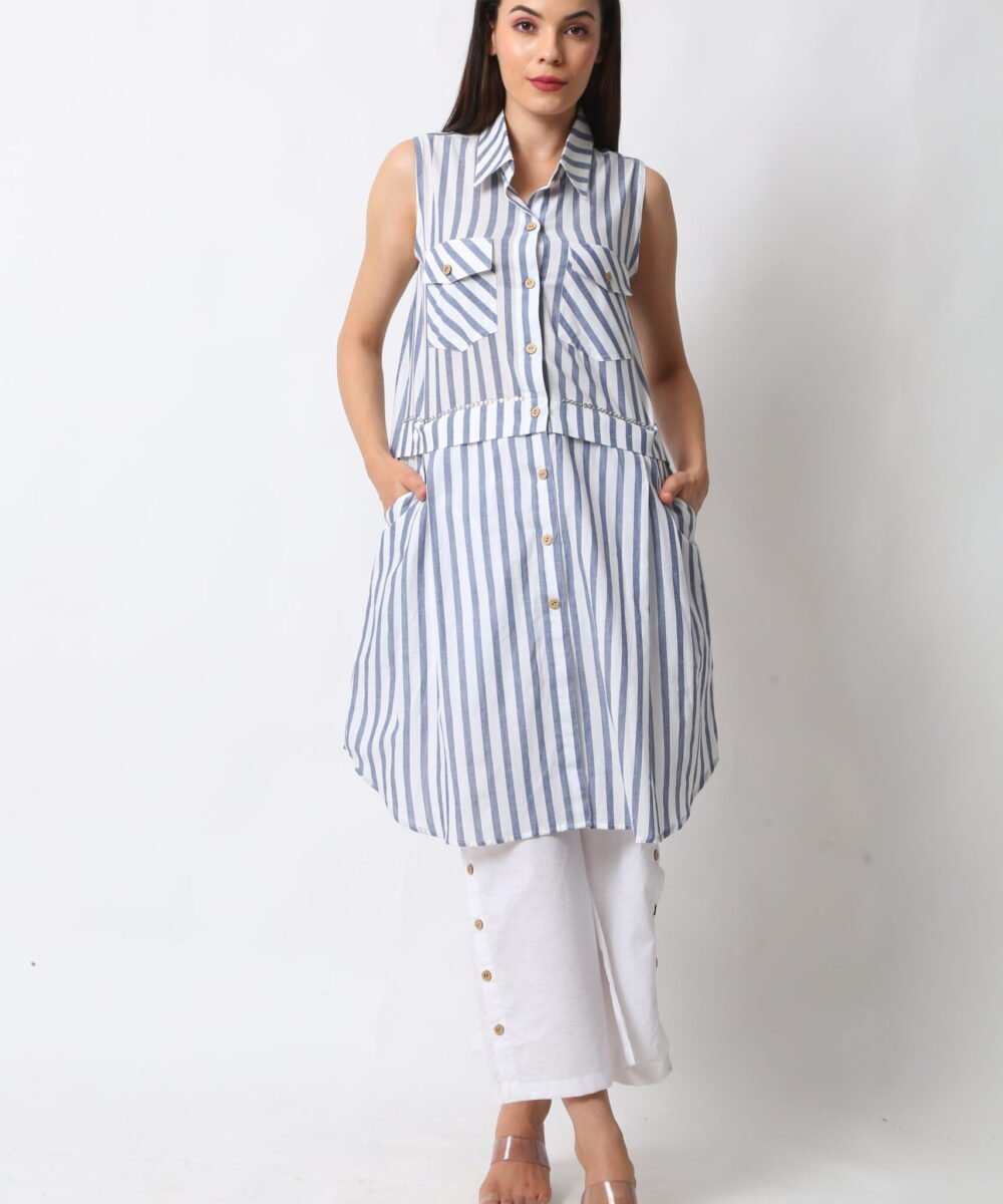 Sleeveless Striped Cotton Midi & Linen Pants Set by Orsa couture