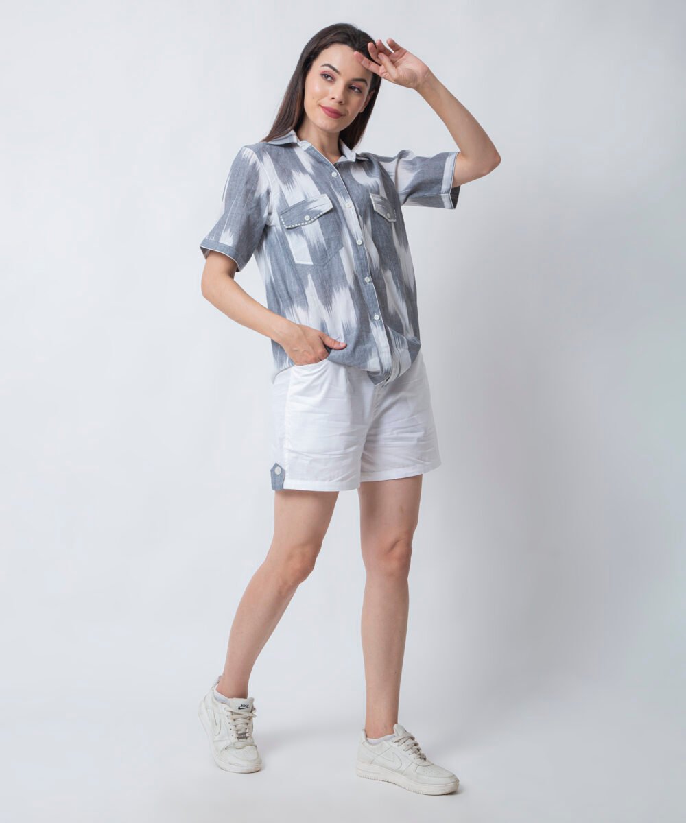 Ikat Grey Shirt & White Linen Shorts Set by orsa couture