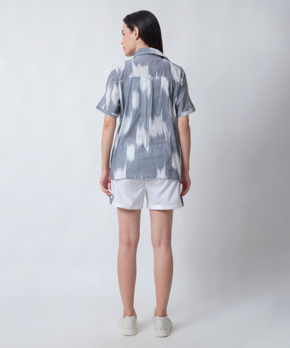 Ikat Grey Shirt & White Linen Shorts Set by orsa couture