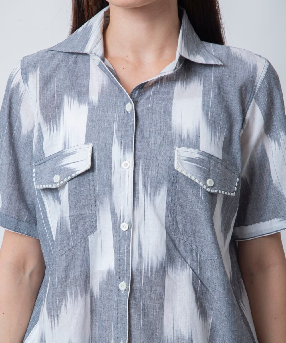 Ikat Grey Shirt & White Linen Shorts Set by orsa couture