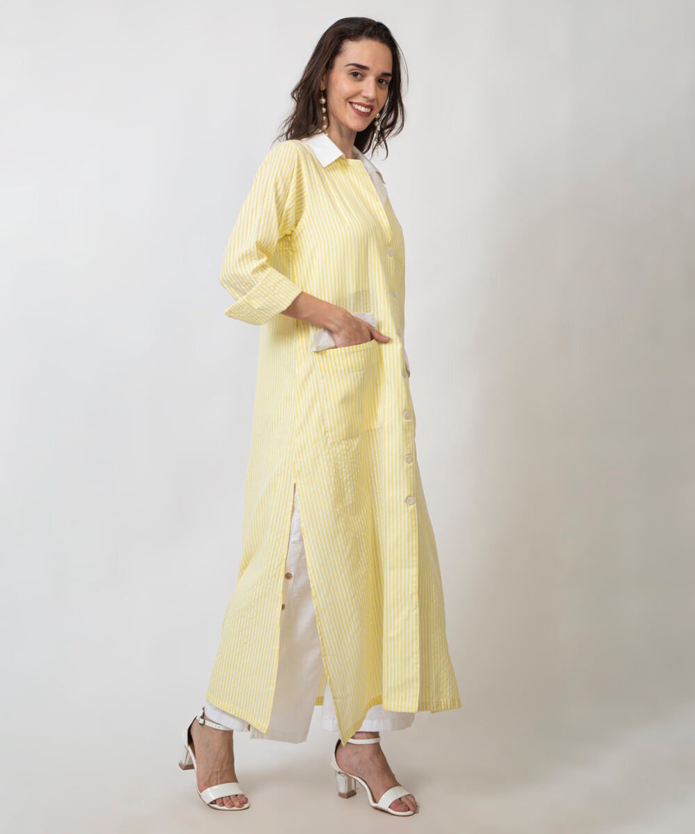 Yellow Striped Cotton Shirt and Cambrique Pants Co-ord Set by orsa couture