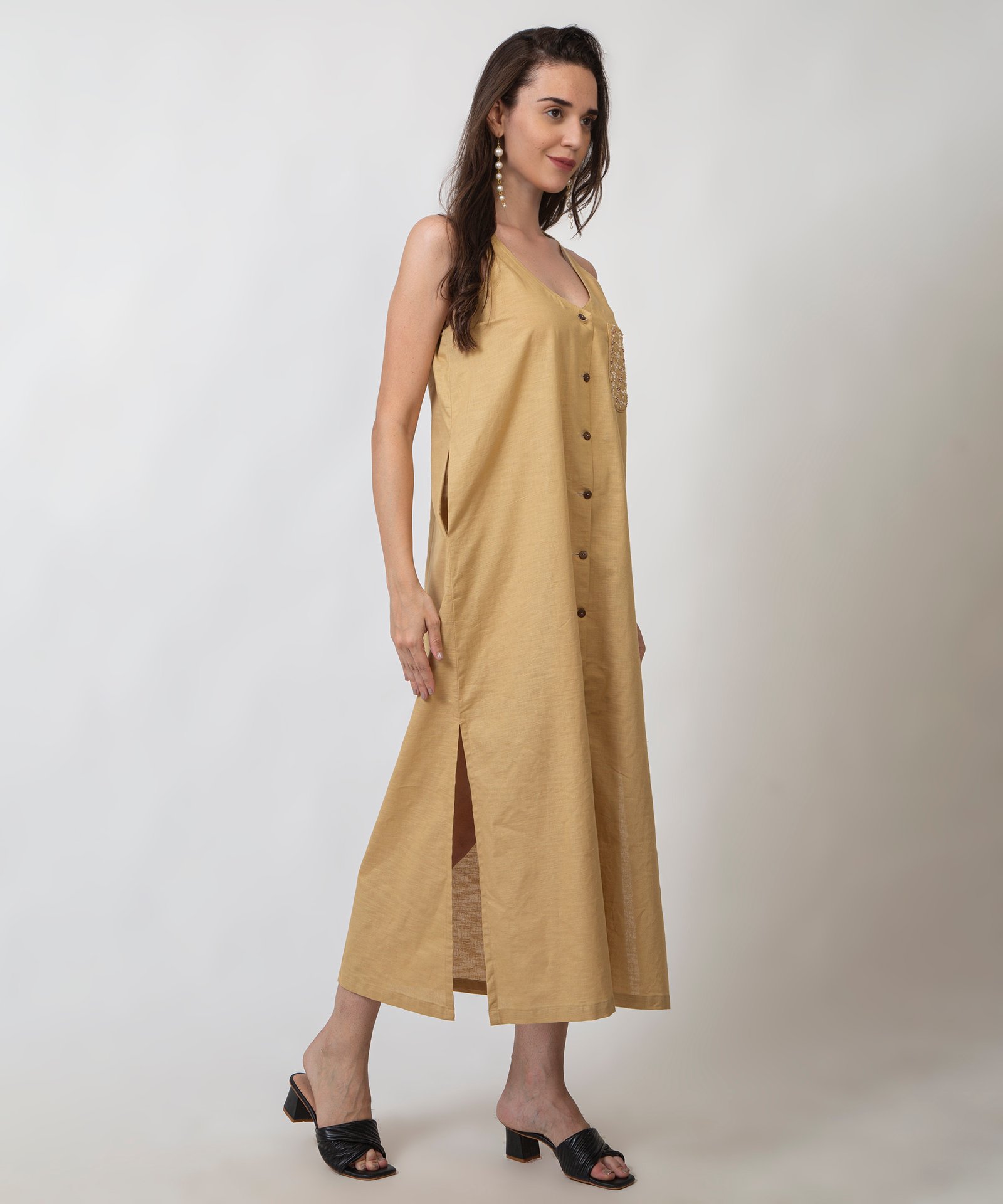 Sleeveless Cotton Linen Long Dress with Buttons by orsa couture