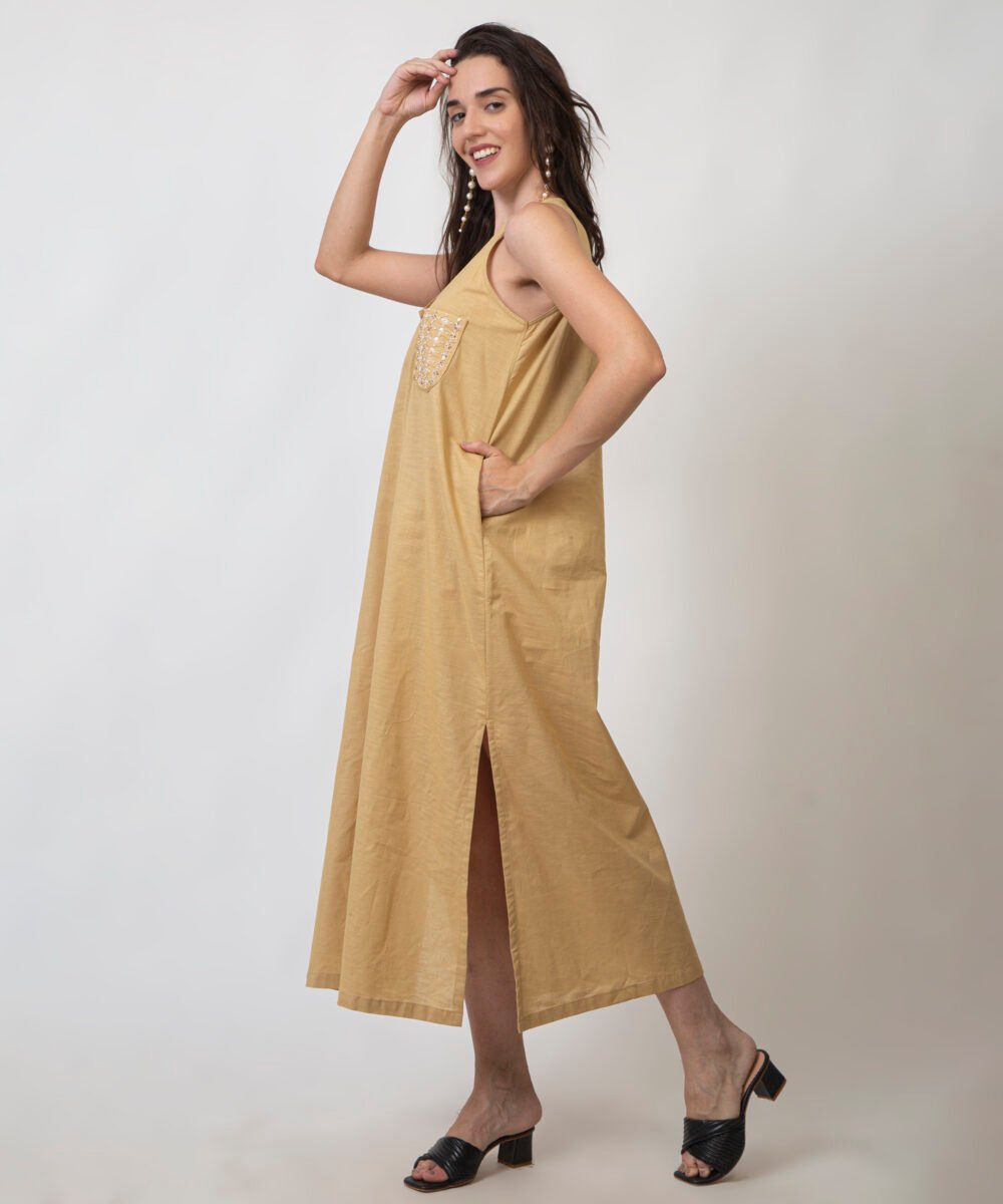 Sleeveless Cotton Linen Long Dress with Buttons by orsa couture