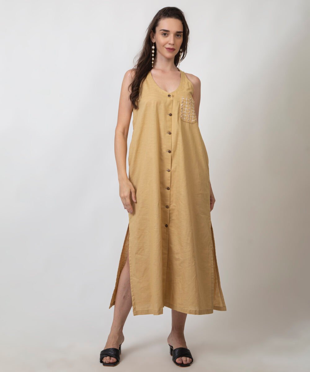 Sleeveless Cotton Linen Long Dress with Buttons by orsa couture