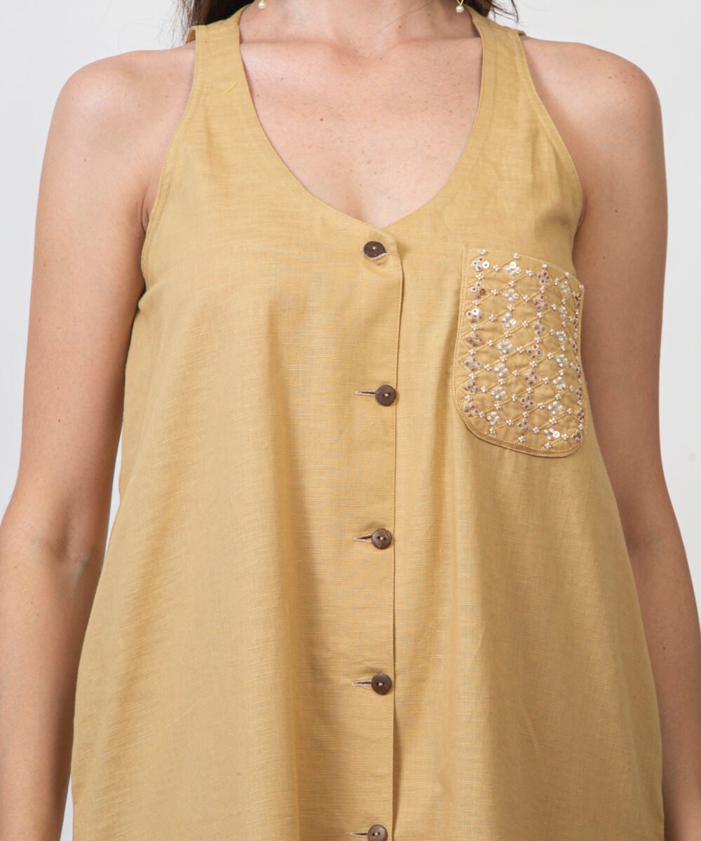 Sleeveless Cotton Linen Long Dress with Buttons by orsa couture