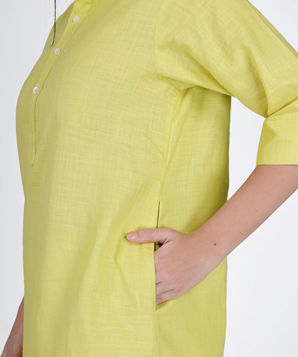 Yellow-Green Linen Blend Notched collar kurta coord with white straight pants - Image 5