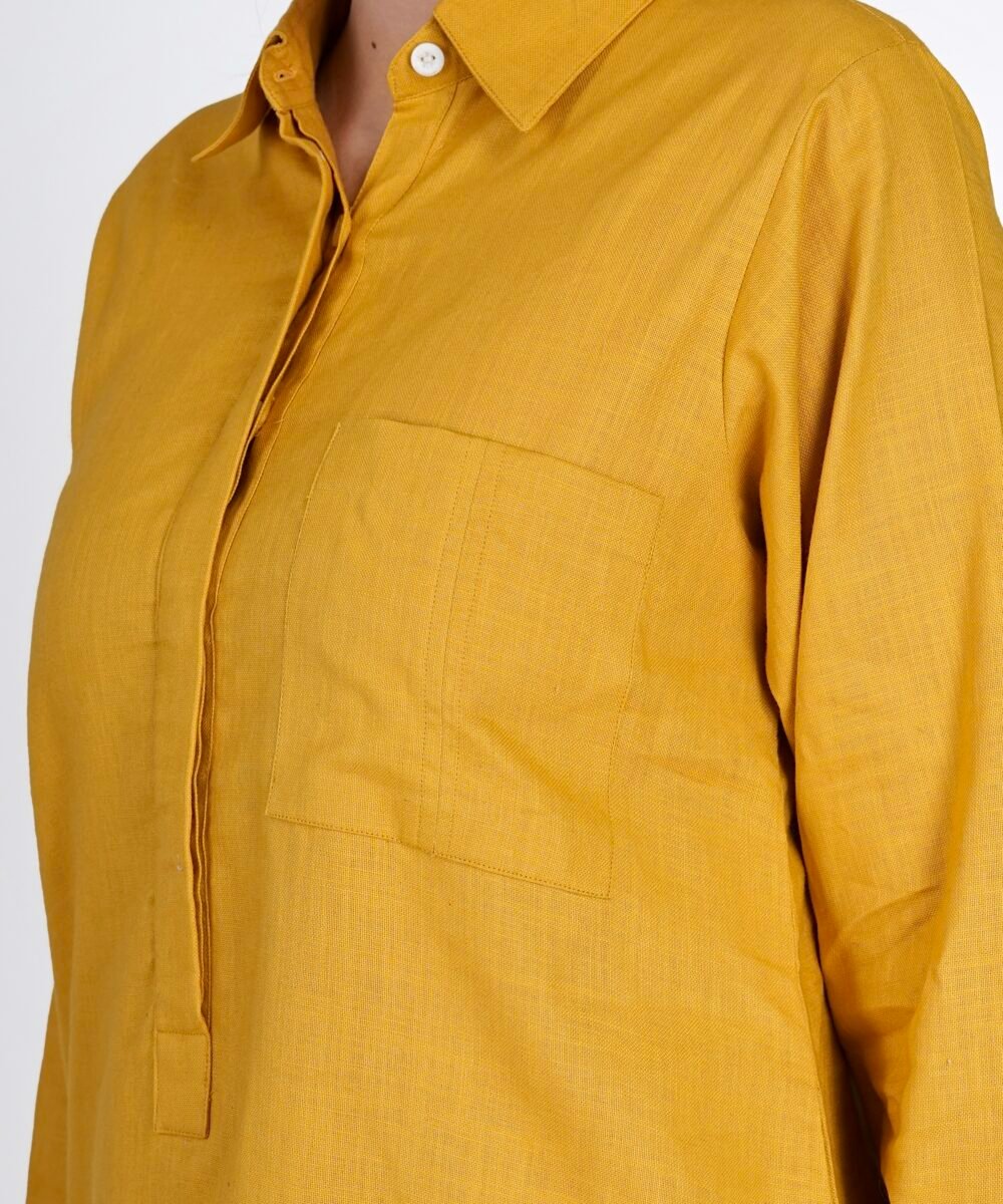 Yellow Linen Blend Notched collar kurta coord with white straight pants - Image 6