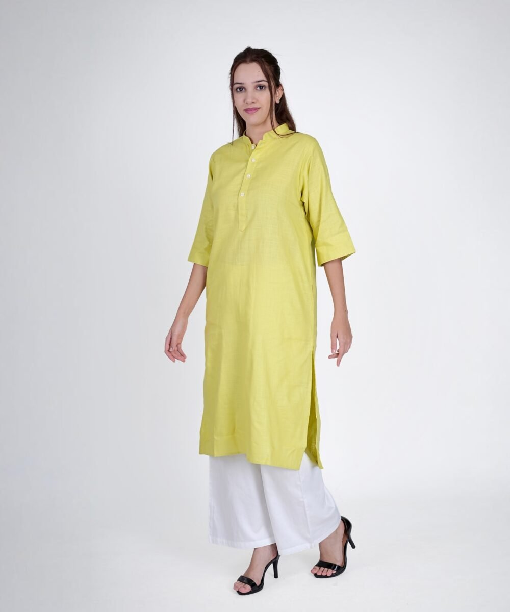 Yellow-Green Linen Blend Notched collar kurta coord with white straight pants - Image 3