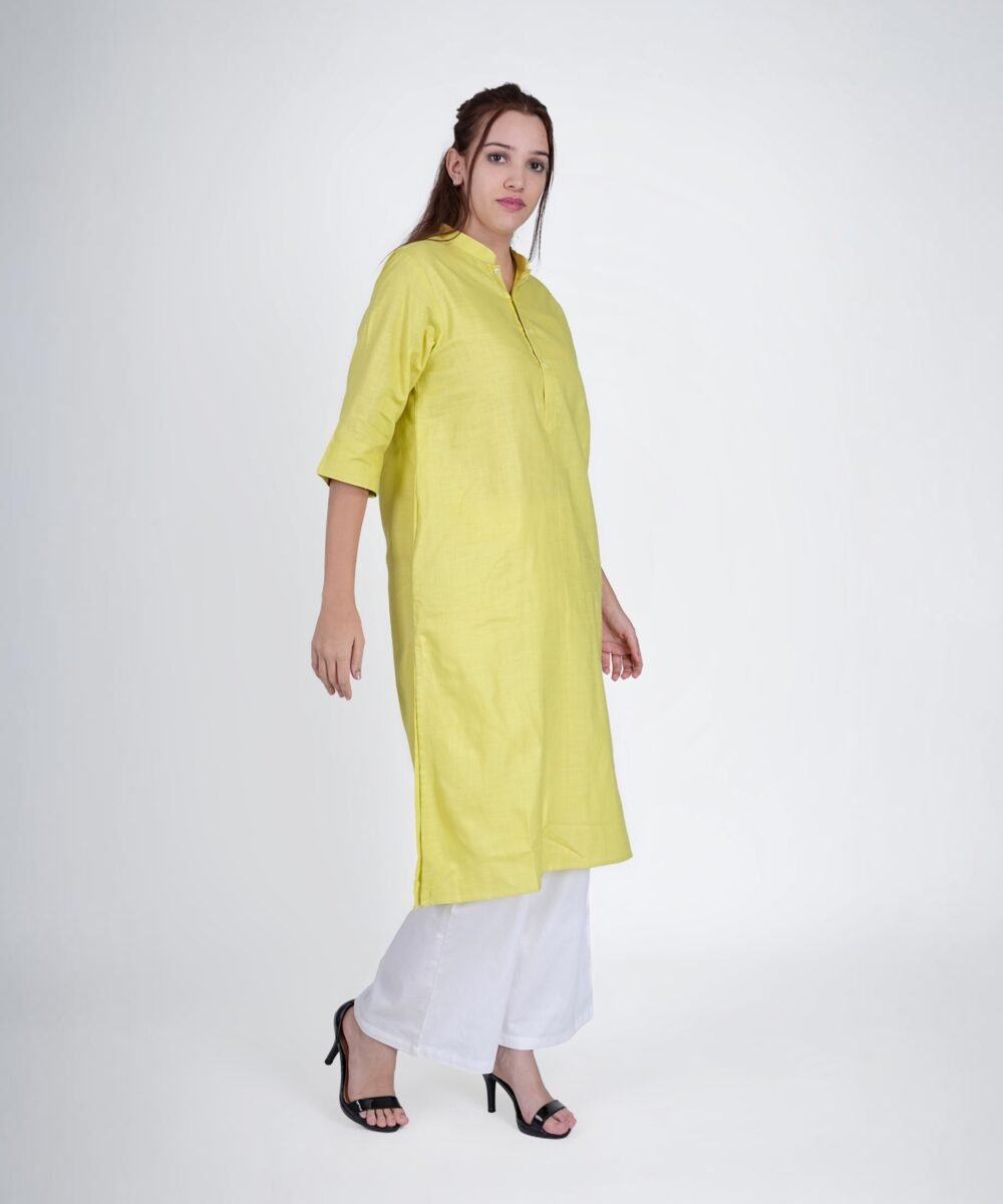 Yellow-Green Linen Blend Notched collar kurta coord with white straight pants - Image 2