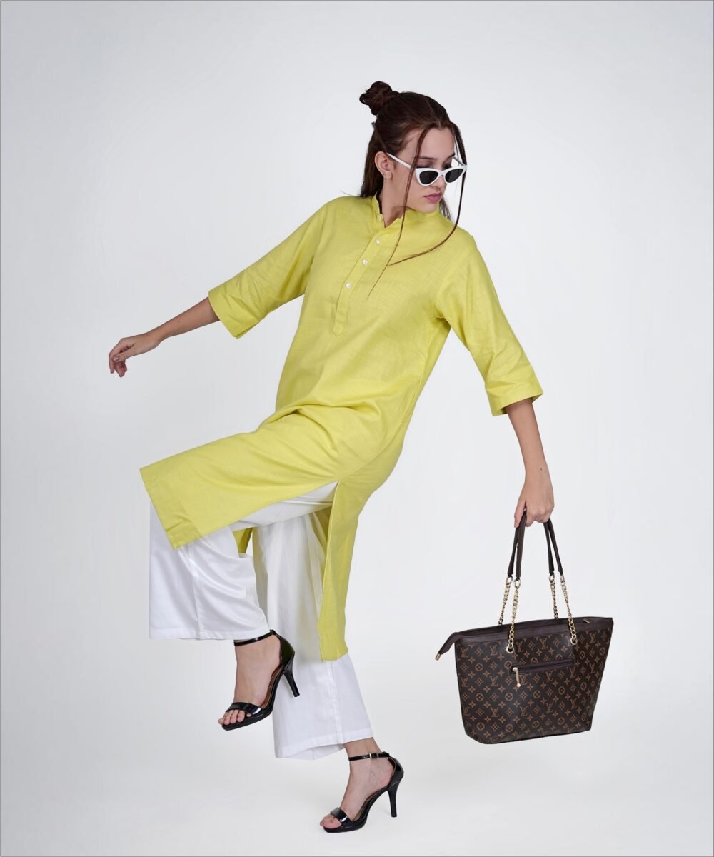 Yellow-Green Linen Blend Notched collar kurta coord with white straight pants - Image 4