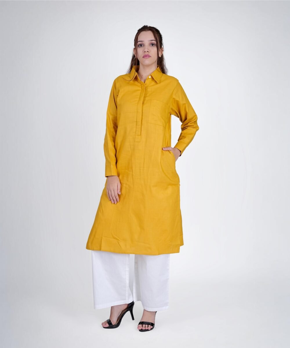 Yellow Linen Blend Notched collar kurta coord with white straight pants - Image 2