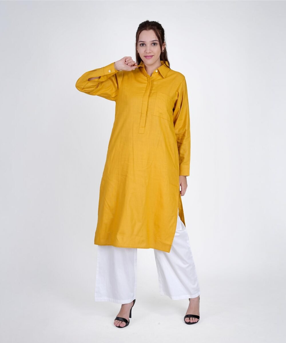 Yellow Linen Blend Notched collar kurta coord with white straight pants - Image 3