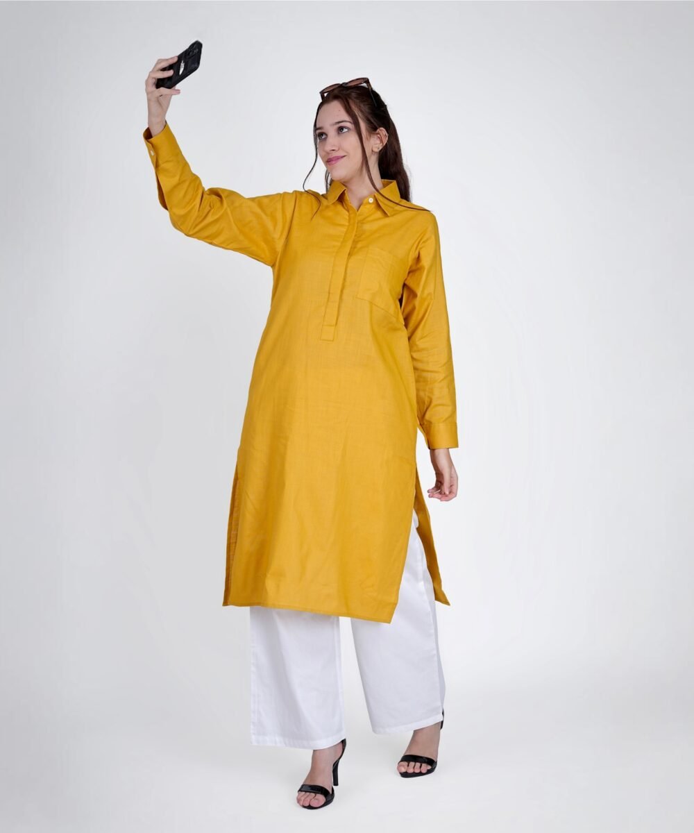 Yellow Linen Blend Notched collar kurta coord with white straight pants - Image 4