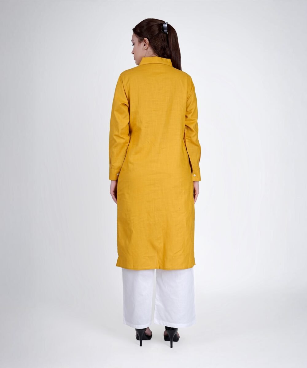 Yellow Linen Blend Notched collar kurta coord with white straight pants - Image 5
