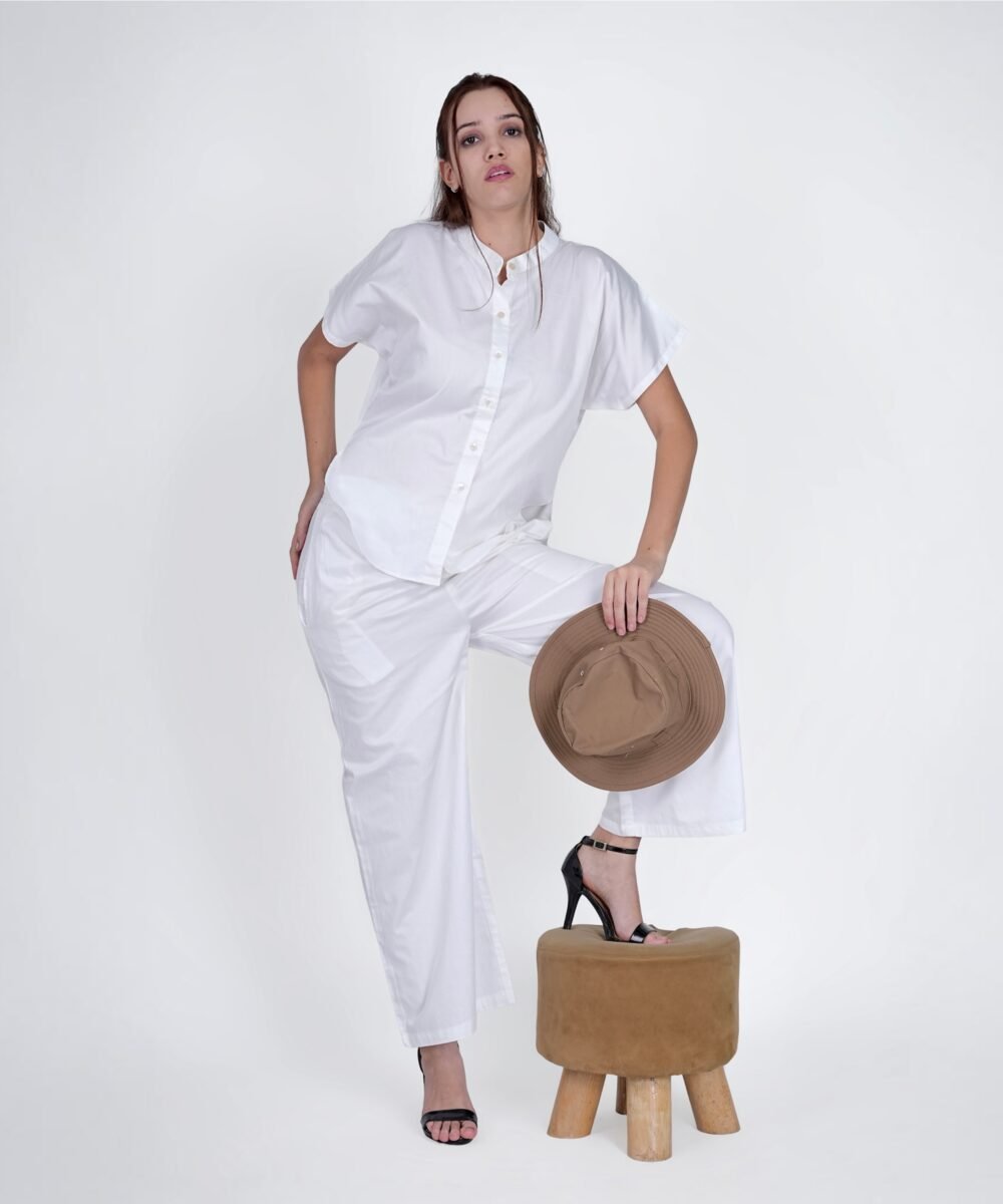 Off-Shoulder White Co-ord set Mandrine collar - Image 2